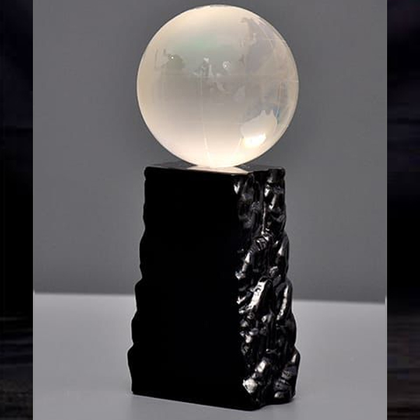 Frosted Crystal Globe Trophy with Integrated Textured Obsidian Base