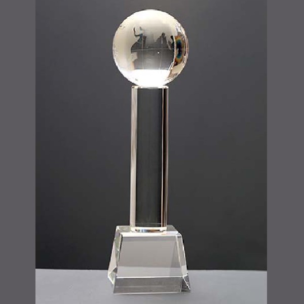 Full Optical Crystal Globe Trophy with Tall Hexagonal Column