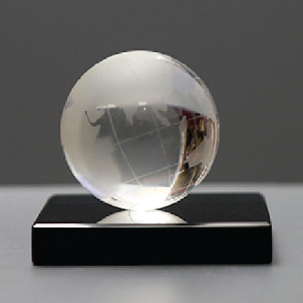 Clear Crystal Globe Trophy on Low-Profile Polished Obsidian Base