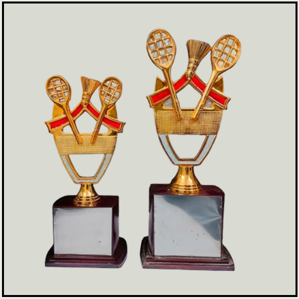 Ornate Gold Badminton Trophy with Ribbon Detail