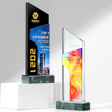 Modern Slanted Crystal Corporate Award with Marble Texture Base