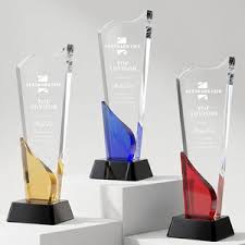 Premium Flame Crystal Trophy with Colored Accents and Black Base