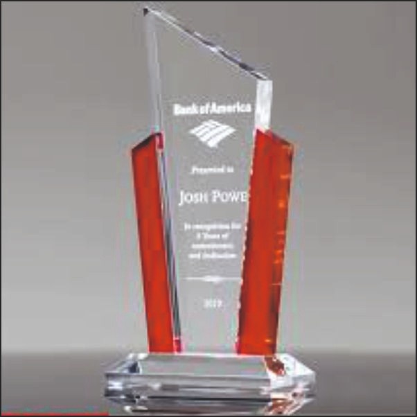 Premium Slant Top Acrylic Trophy with Red Side Wings - UV Printed