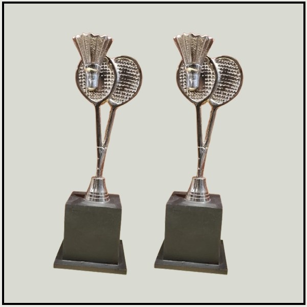 Premium Silver Badminton Racket & Shuttlecock Trophy