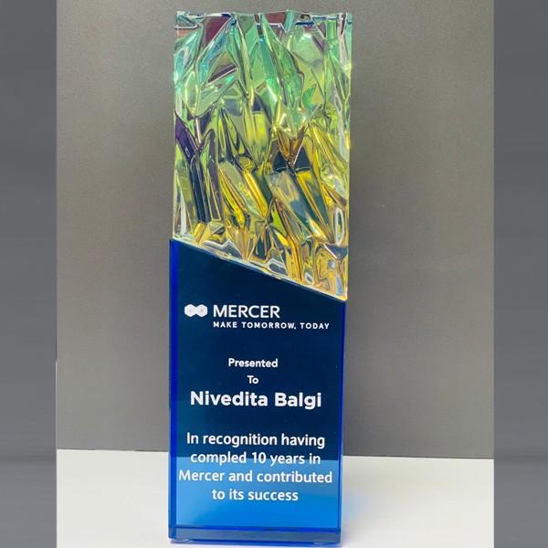 Premium Cobalt Blue Crystal Award | Modern Glass Trophy for IT & Corporate Milestones