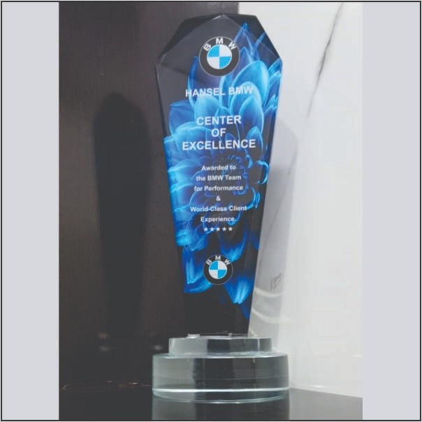 Premium Faceted Tapered Electric Blue Flame Crystal Trophy Award