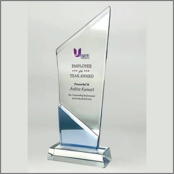 Premium Geometric Peak Crystal Trophy with Blue Base Accent
