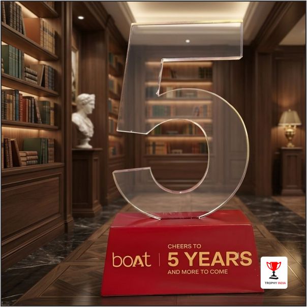 Custom 8x5 Acrylic Number 5 Trophy with Wooden Base – Trophy India