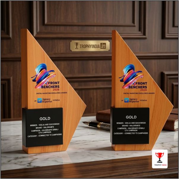 Custom Design Dual Wooden Trophy with 2.5x2.5 Wooden Plate – Trophy India