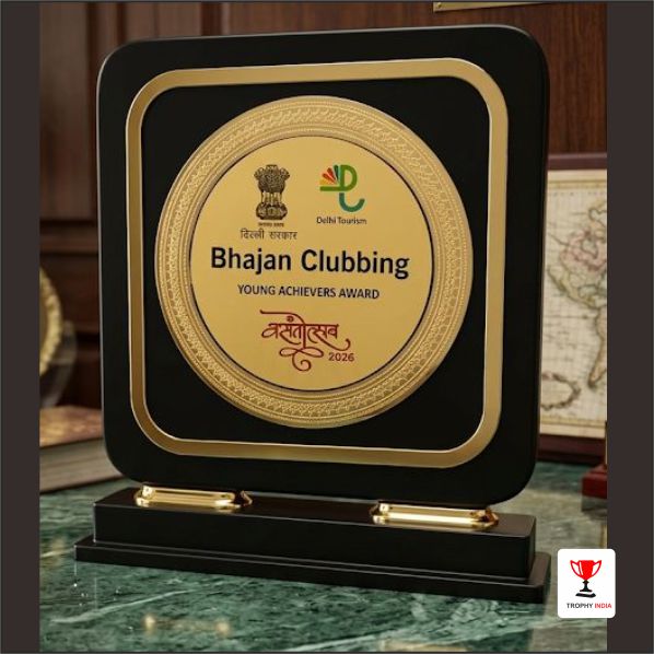 Premium Wooden Corporate Award with Round Golden Acrylic Accent – Trophy India