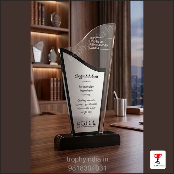 Custom 8-Inch Acrylic Trophy with Rowmark Sheet Overlay – Trophy India