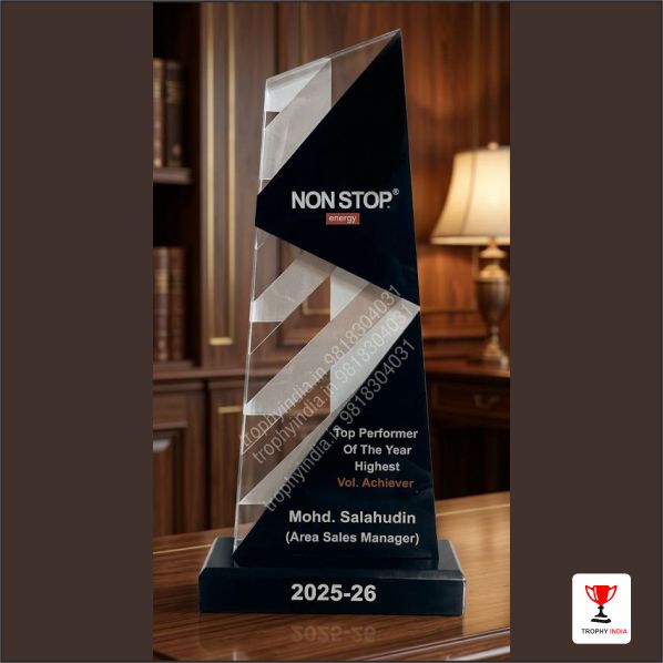 Custom 12-Inch Geometric Acrylic Trophy with Rowmark Overlay – Trophy India