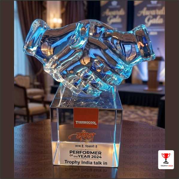 Custom 6-Inch Handshake Crystal Trophy with Cube Base – Trophy India