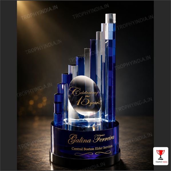 Ascending Blue Pillar Crystal Trophy for Corporate Milestones