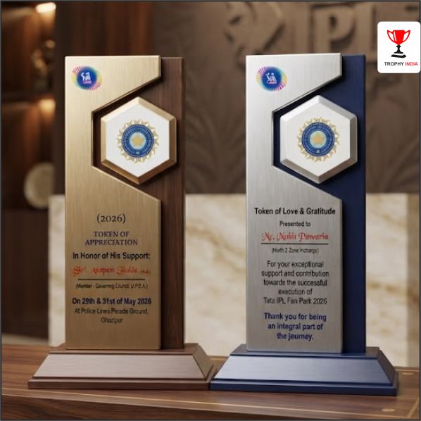Custom 9x4 Layered Wooden Corporate Trophy with Cutout – Trophy India