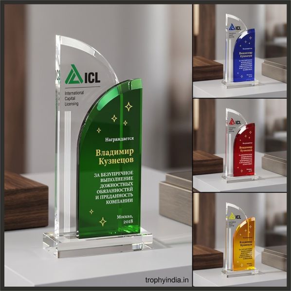 Premium Curved Crystal Trophies with Multi-Color Accents