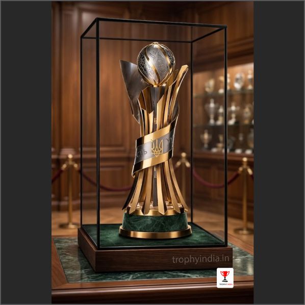 Premium Handcrafted Gold Pillar Silver Ribbon Tournament Trophy | TrophyIndia
