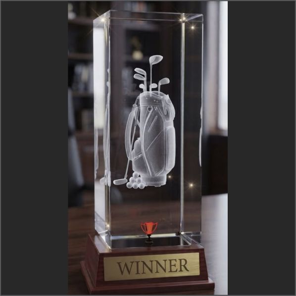 Premium 3D Engraved Golf Bag Crystal Trophy – Customized Awards Delhi