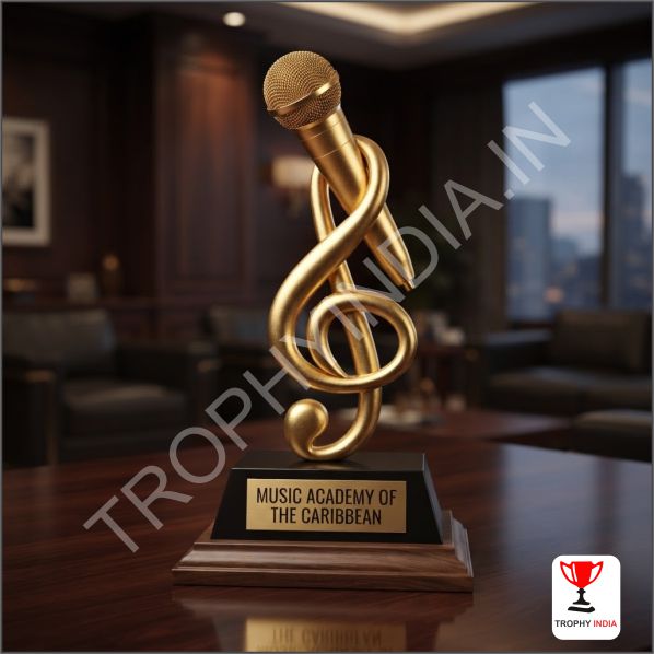 Premium Handcrafted Gold Music Treble Clef Microphone Trophy | TrophyIndia