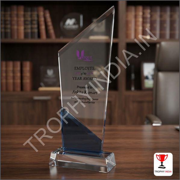Slanted Silhouette Employee of the Year crystal trophy with Custom Base and High-Clarity UV Printing