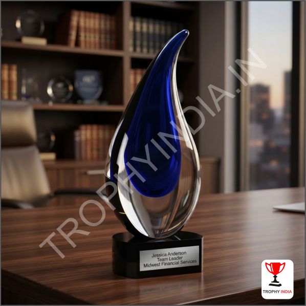 Artistic Cobalt Blue Teardrop Crystal Award | Premium Corporate Trophy