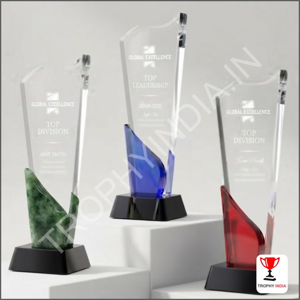 Premium Flame Crystal Trophy with Colored Accents and Black Base