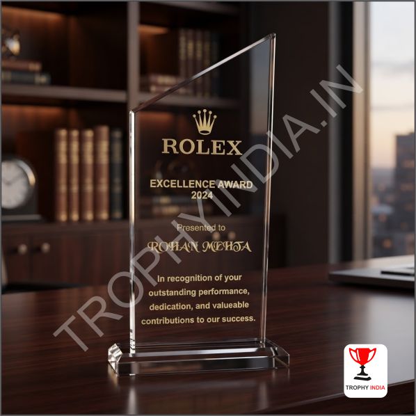 Transparent Slanted Design crystal trophy with UV Printing for Budget-Friendly Corporate Rewards