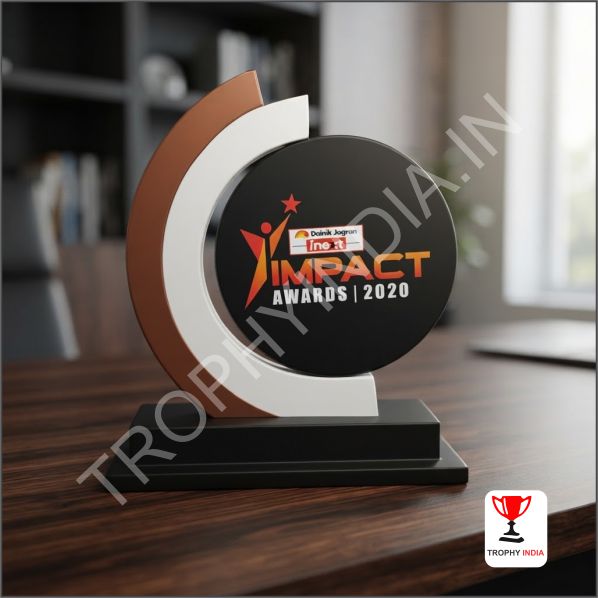 Modern Crescent Layered Wooden Trophy | Custom Corporate Awards Delhi