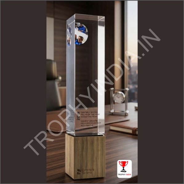 Customized Executive Crystal Column Trophy with Wooden Base | Trophy India