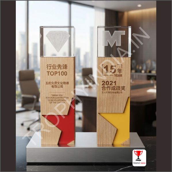 Customized Executive Wooden Pillar Crystal Award Trophy Set | Trophy India