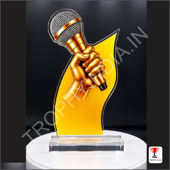 Customized Cutout Acrylic Golden Microphone Music Award Trophy | Trophy India